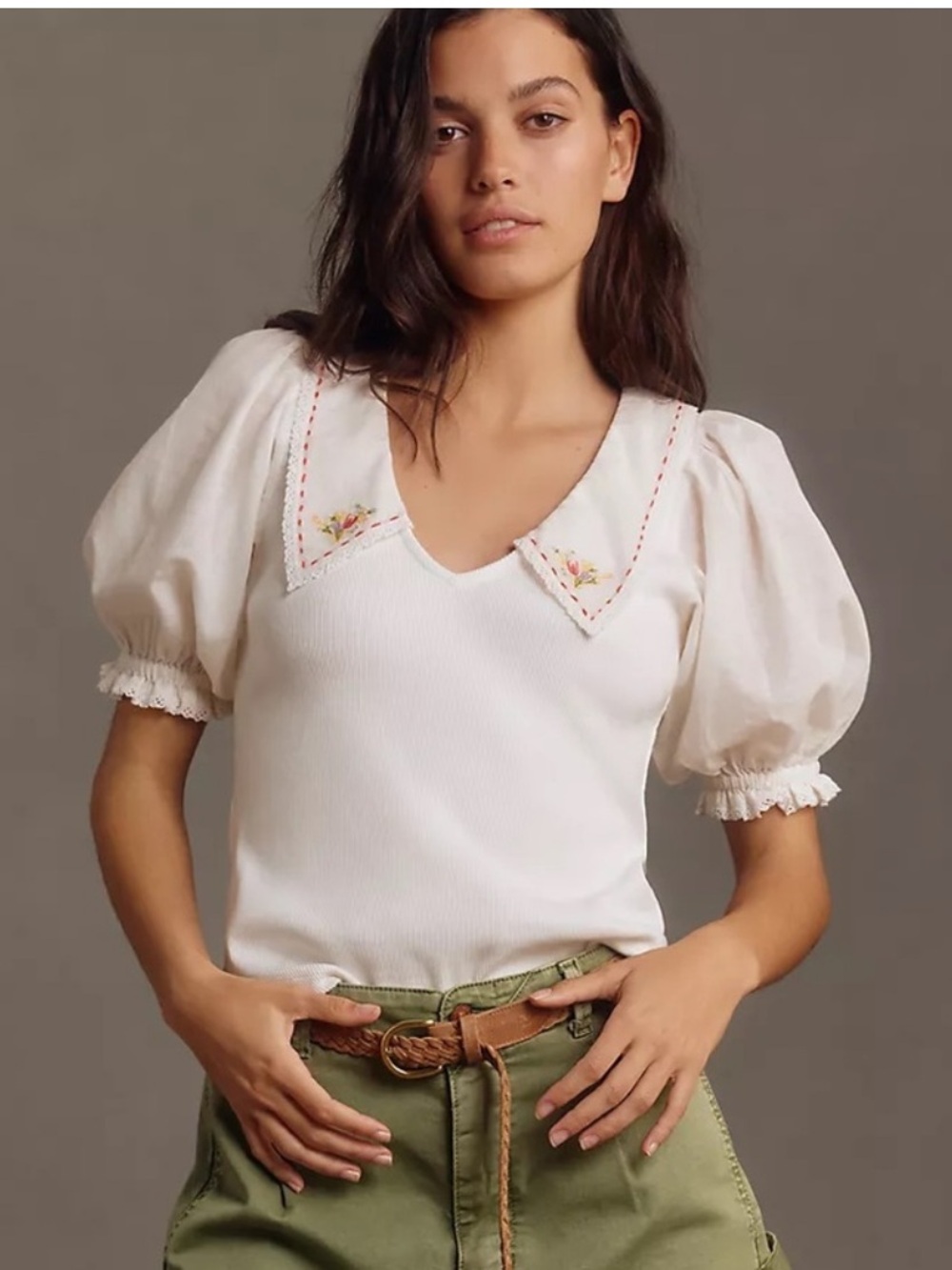 Anthropologie Cream Puff-Sleeve Knit Top with Embroidered Collar